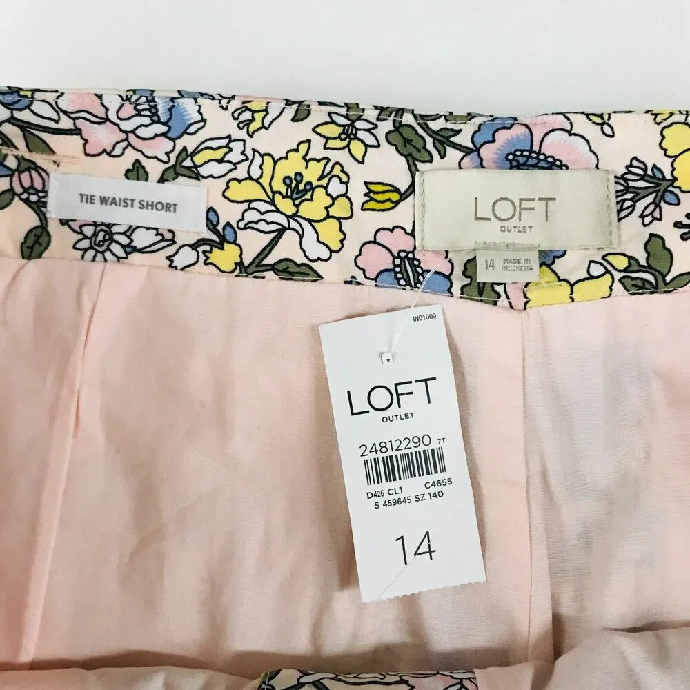 LOFT Women's 14 Shorts Pink Floral Poplin Belted Tie Waist High Rise NWT CD26